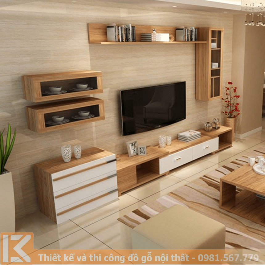 Mẫu thiết kế kệ tivi chung cư gỗ công nghiệp KT0006